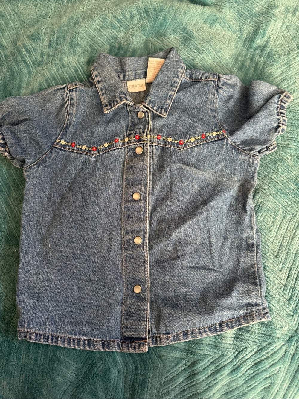 Cherokee Blue Denim Short-Sleeve Jacket with Embroidered Trim